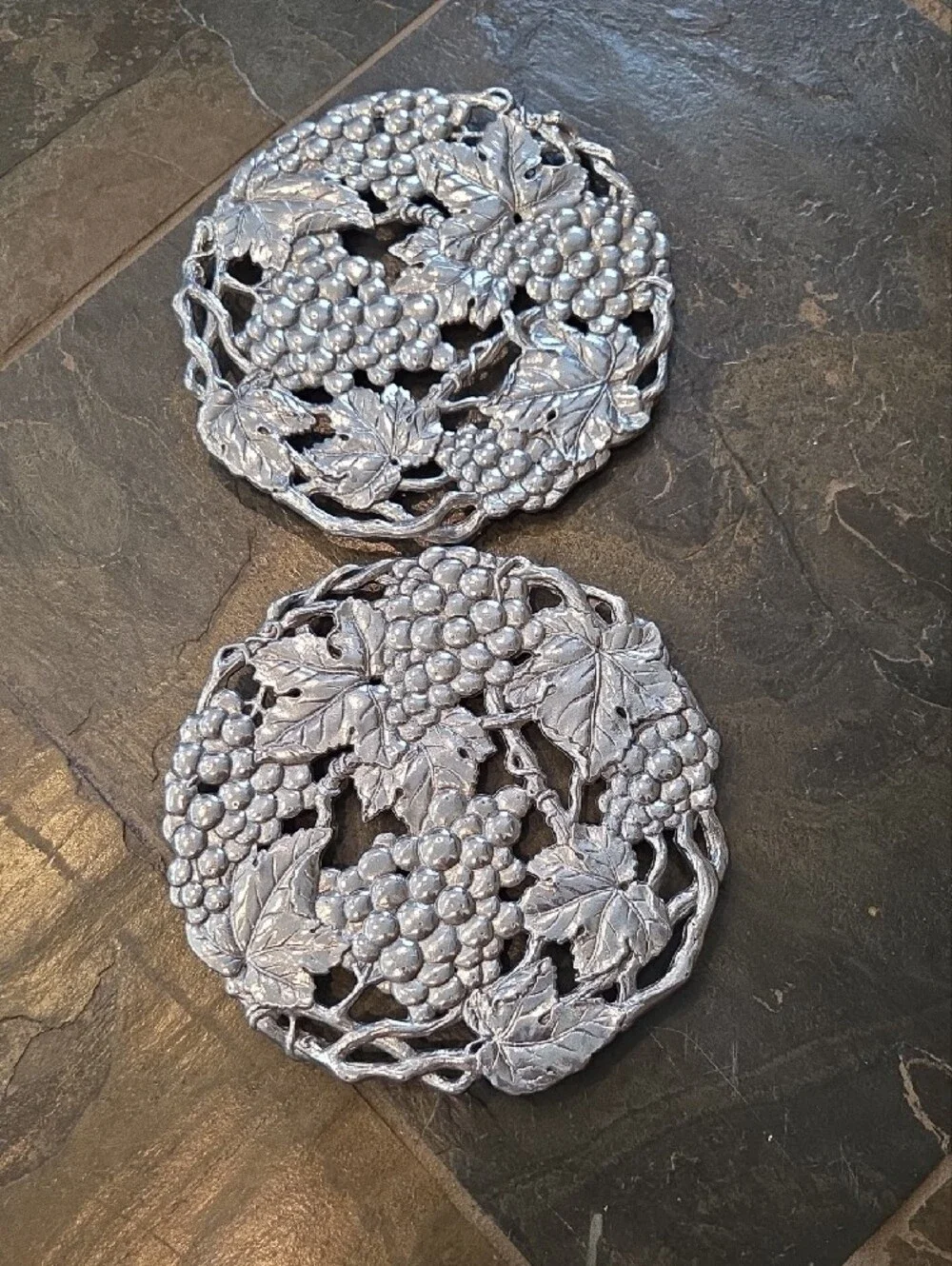 Arthur Court Silver Grape Motif Round Trivets - Pair